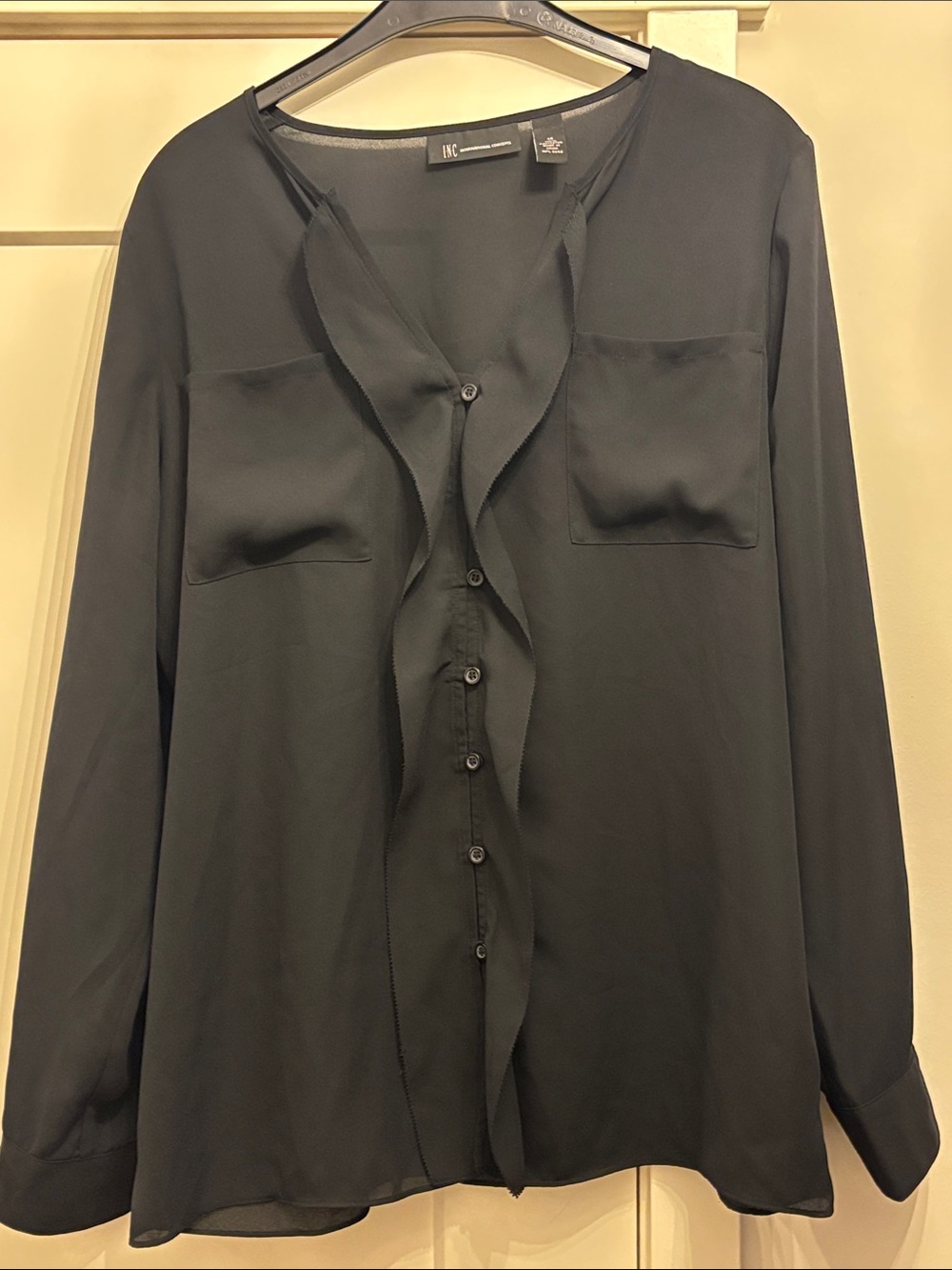 INC International Concepts Black Ruffle-Trim Button Front Blouse